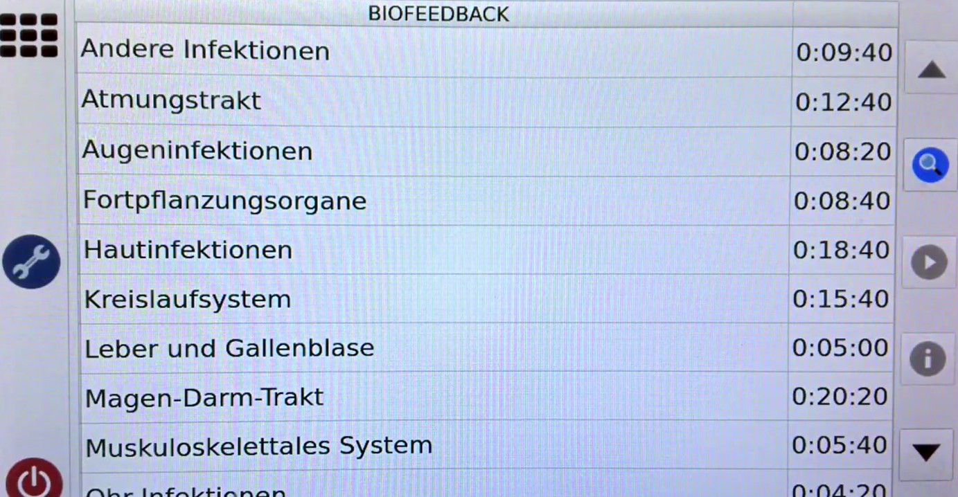 Auswahl der Organsysteme im Bio-Feedback-Menü des RIFETECH Plasma Geräts