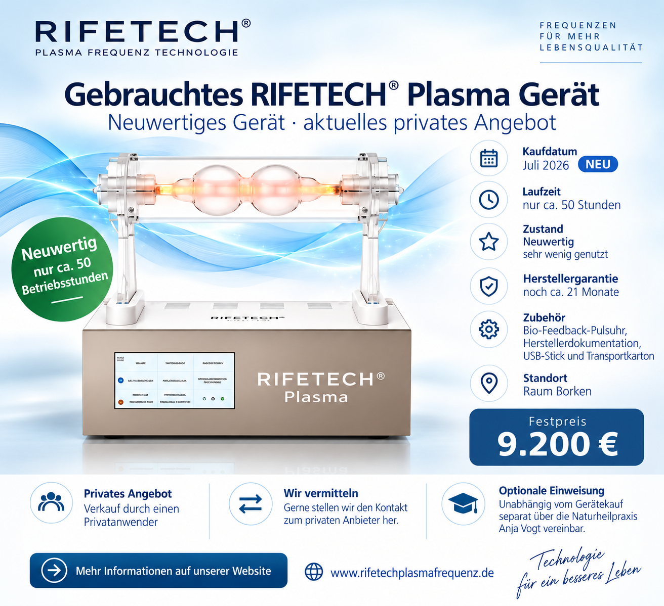 Gebraucht Geräte Anzeige 11. Okt. 2026 – Neuwertiges Angebot Neuwertiges gebrauchtes RIFETECH Plasma Geräte zu verkaufen